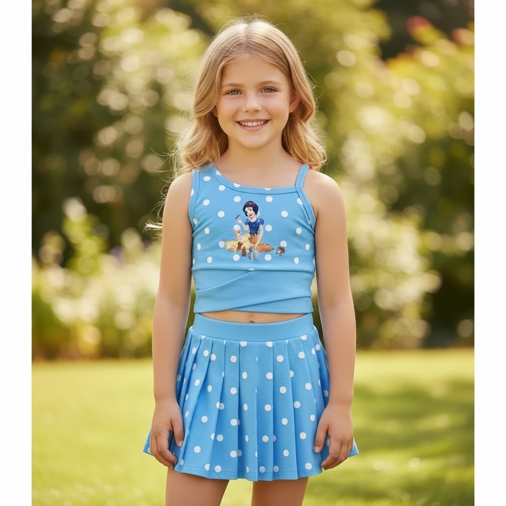 New‎ Girls Athletic Set Blue Polka Dot Print Snow White Motif Shorts Underneath